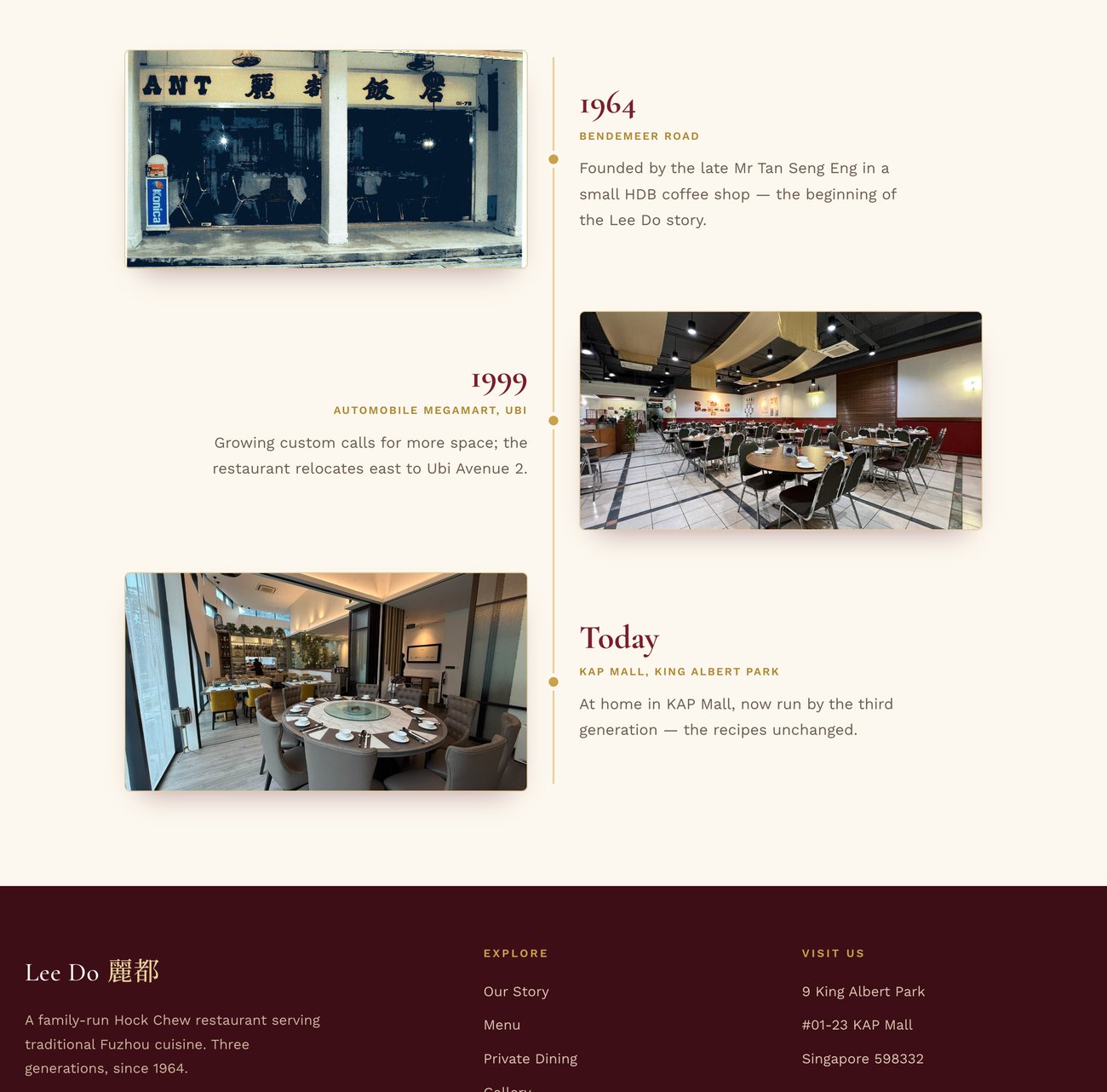 The Our Story timeline: 1964 Bendemeer Road, 1999 Ubi, today at KAP Mall