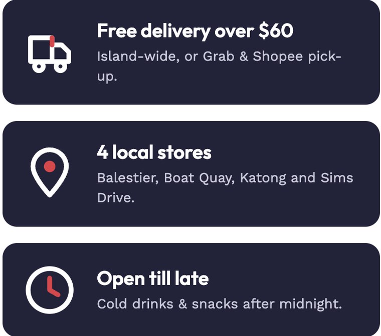 Info tiles: delivery, stores, hours